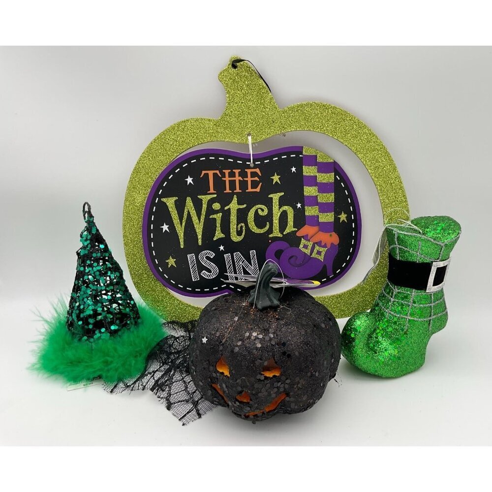 Halloween Witch Decor Set: Glitter Pumpkin Sign Hat & Boot